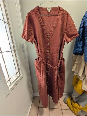 Women’s Rust Button-Front Linen Dress with Pockets